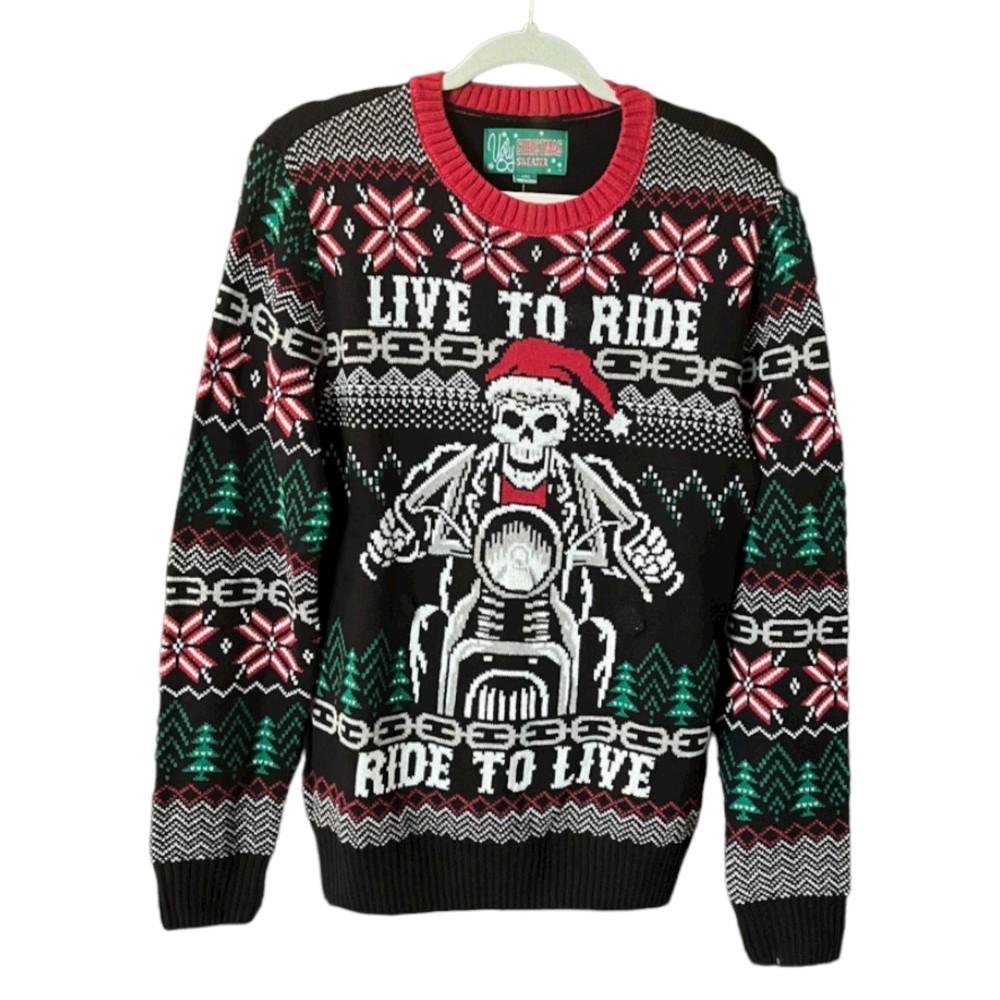 NEW Ugly Christmas Sweater Skeleton Motorcycle Rider Size Small